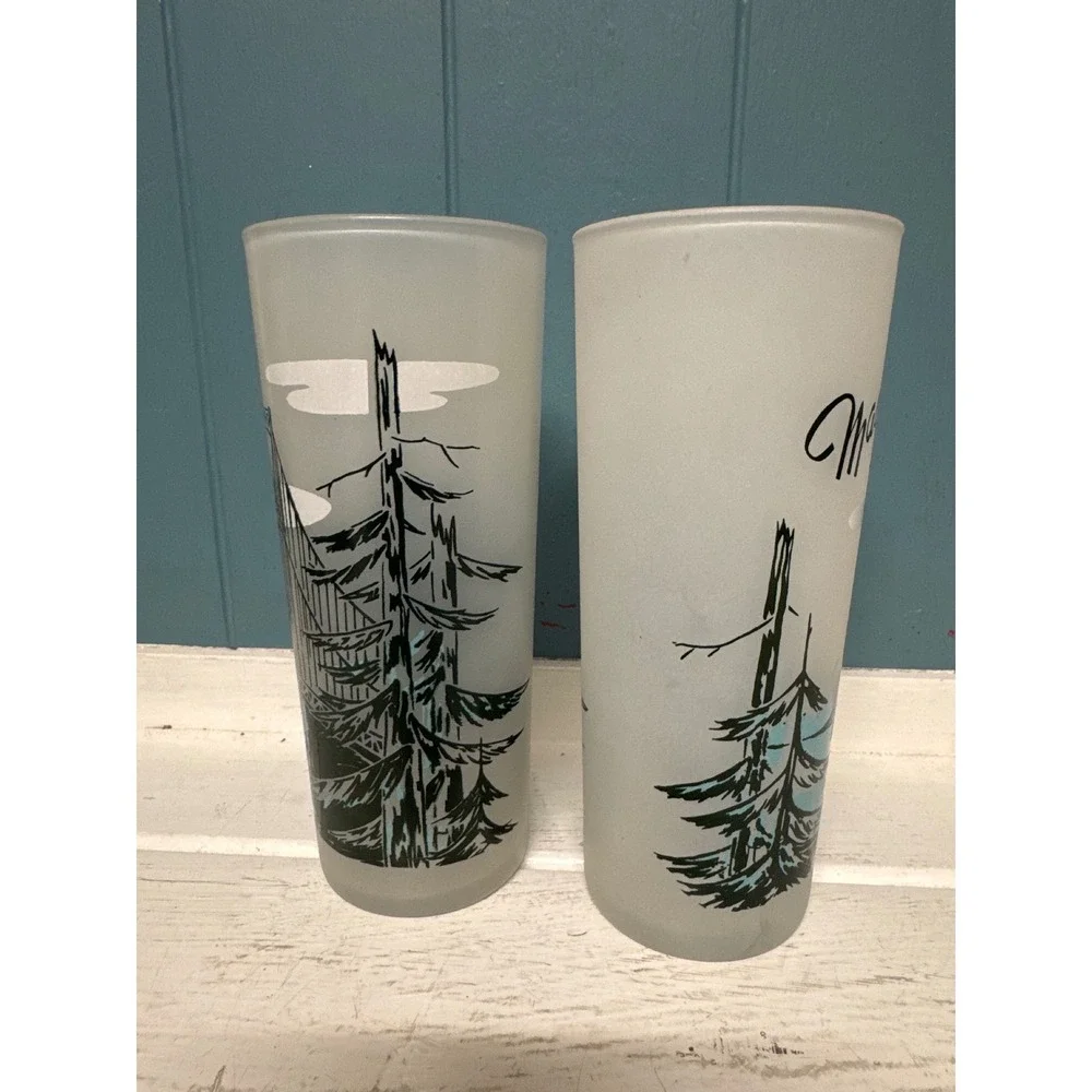 Vintage Mackinac Bridge Frosted Glass Tumbler Set‎ 2 Michigan Souvenir Highball